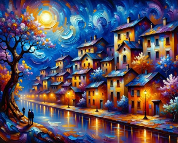 Vibrant Night Scene with Colorful Houses and Canal