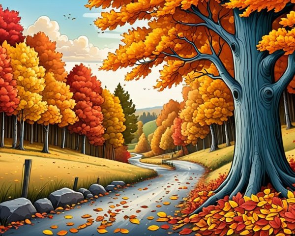 Vibrant Autumn Landscape with Winding Road and Trees