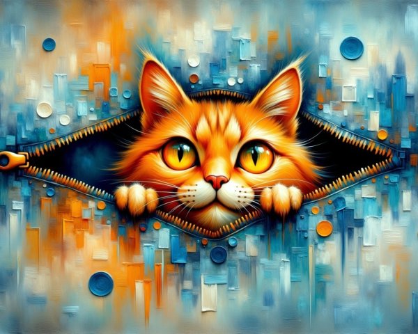 Whimsical Digital Artwork of Cat Through Zipper Opening