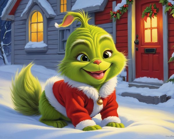 Cute Baby Grinch in Santa Jacket in Snowy Scene