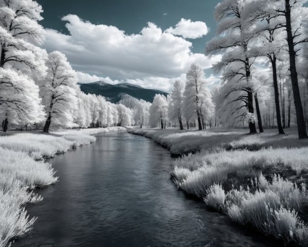 Serene Landscape with Winding River and White Trees
