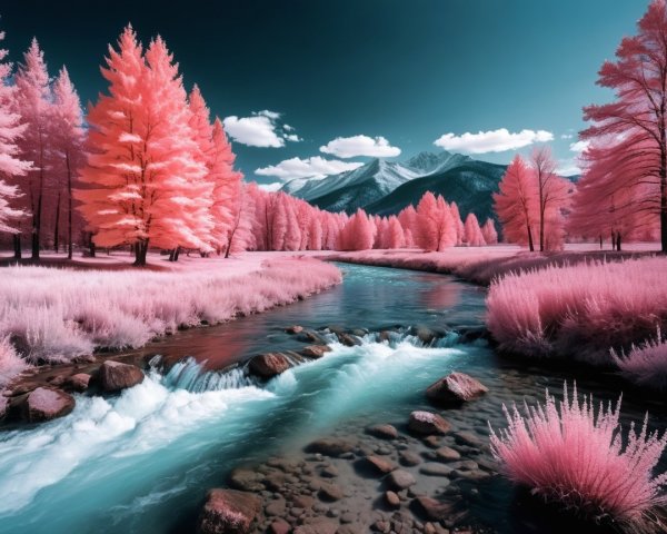 Surreal Landscape with Pink Foliage and Flowing River