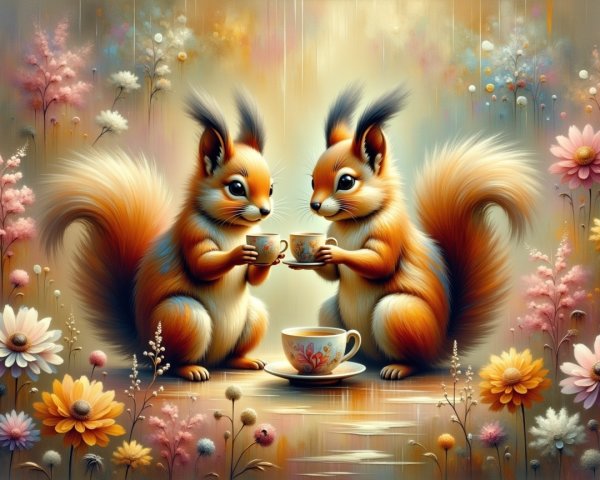 Squirrels in a Colorful Meadow Tea Party Scene