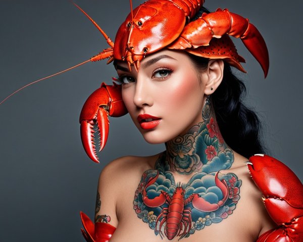 Portrait of Woman with Lobster Accessories and Tattoos
