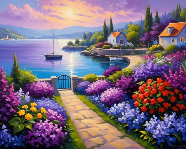 Serene Waterfront at Sunset with Flower Beds and Houses