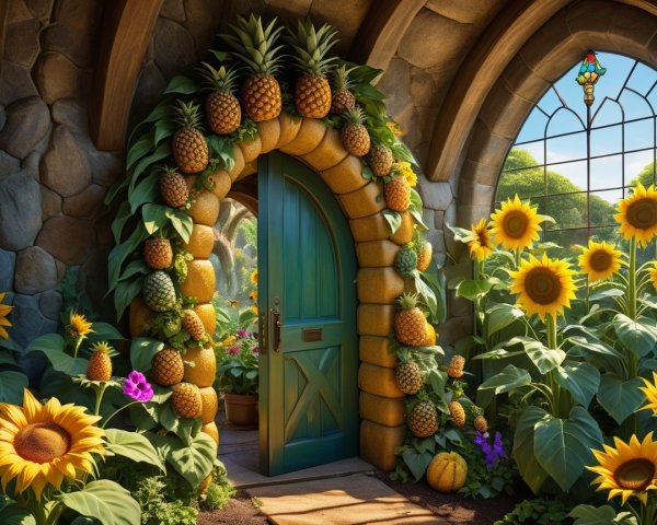 Whimsical Doorway Surrounded by Vibrant Pineapples