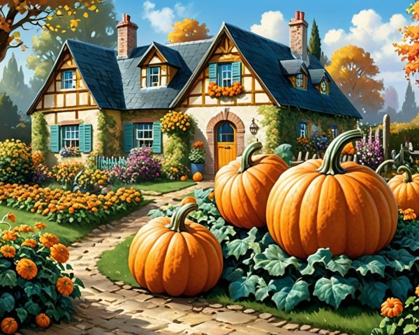 Charming Cottage Surrounded by Autumn Foliage and Flowers