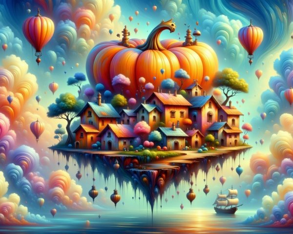 Whimsical Landscape with Floating Island and Pumpkin
