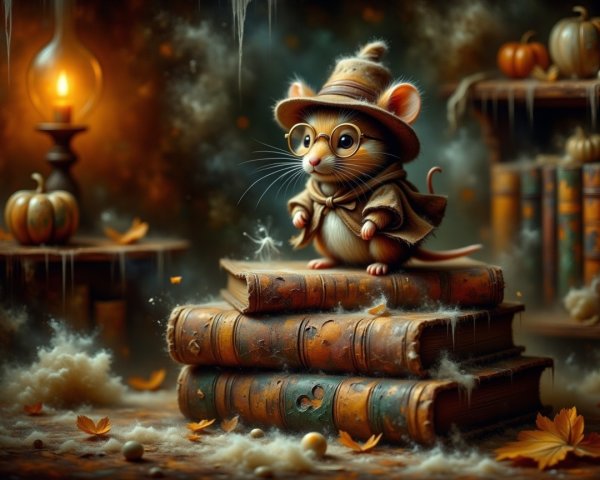 Charming Mouse on Dusty Books in Enchanted Library