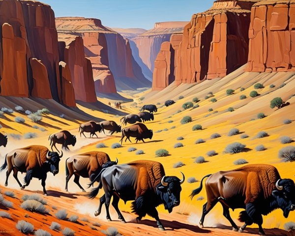 American bison grazing in a sunlit canyon landscape