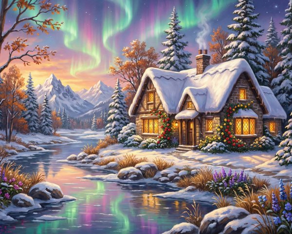 Watercolor of a cozy cottage by a snowy river