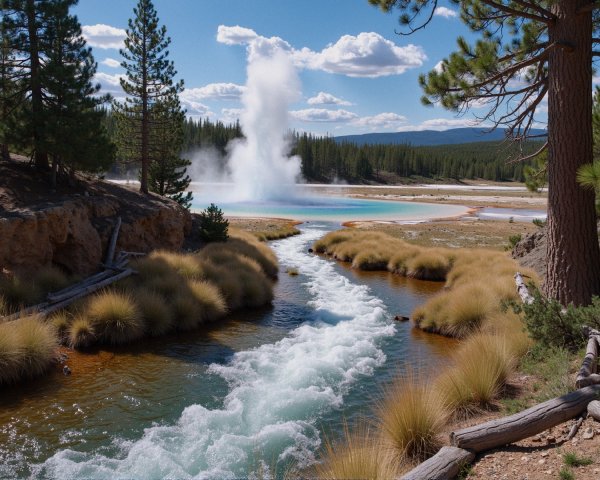 Vibrant Hot Spring Landscape with Geyser and Stream