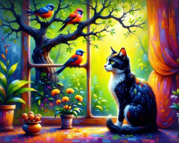 Colorful Scene of Cat by Window with Birds and Plants