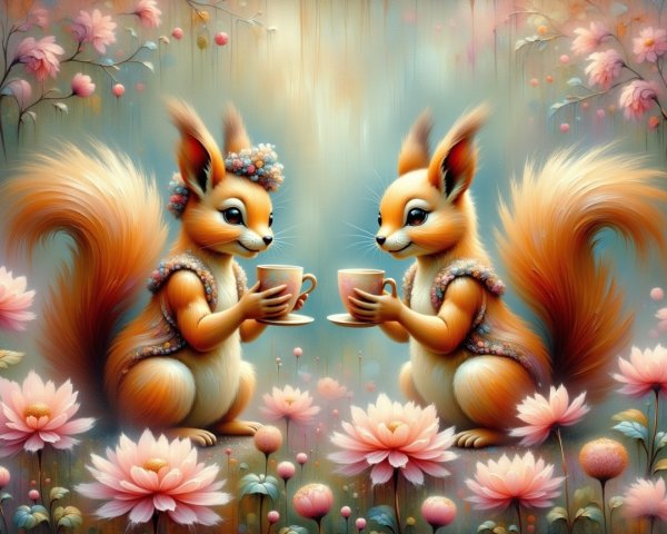 Squirrels with Teacups in a Floral Setting