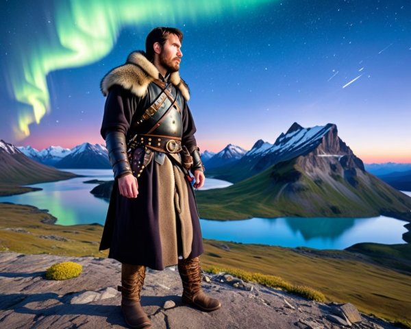 Man in Armor on Rocky Outcrop with Aurora Landscape
