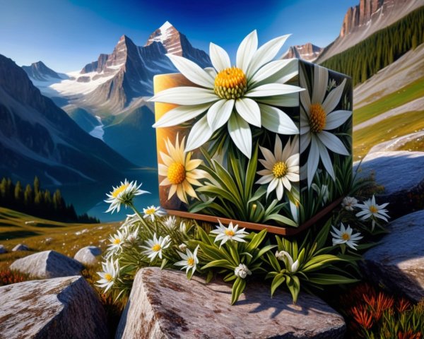 Vibrant Landscape with Mountains and Artistic Cube