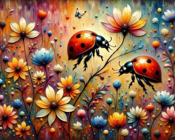 Colorful Garden Scene with Flowers and Ladybugs