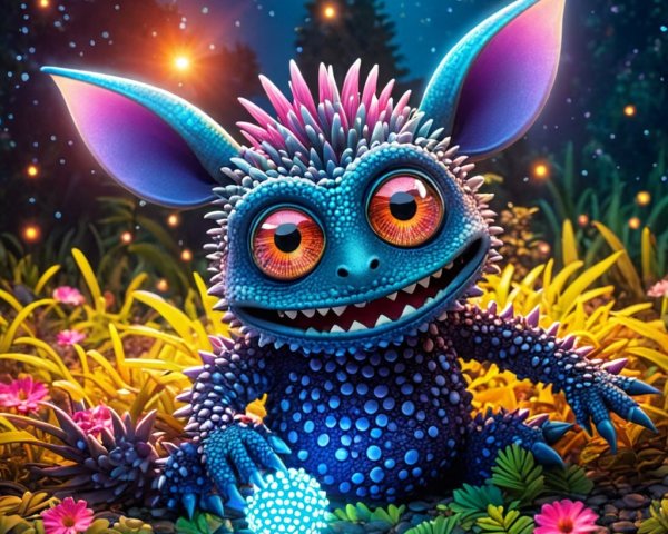 Blue Monster in Enchanted Forest at Night