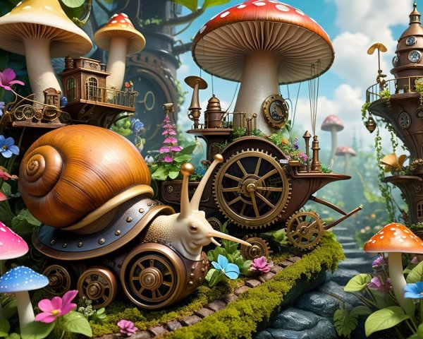 Whimsical Snail Landscape with Colorful Flora and Structures