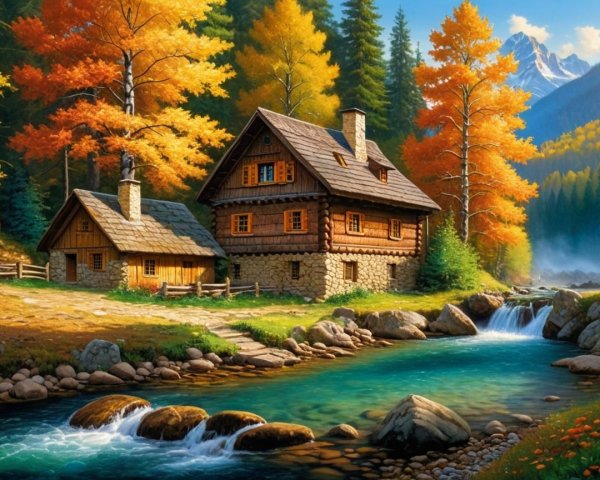 Wooden Cabin Surrounded by Autumn Landscape and Mountains