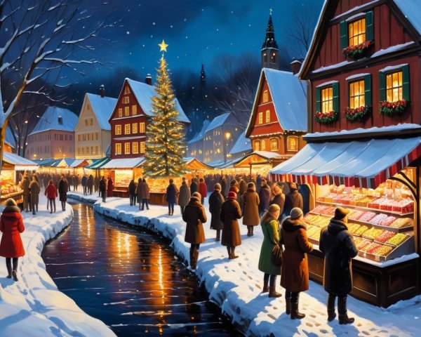 Winter Evening Scene at a Festive Market with Lights