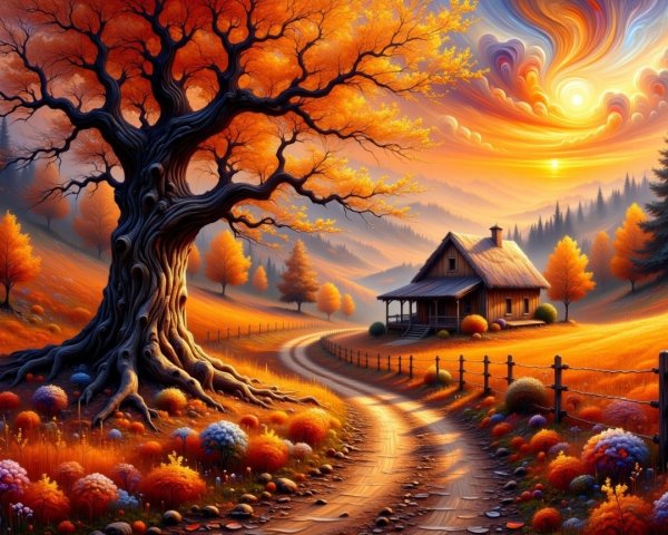 Autumn Landscape with Cabin and Colorful Foliage