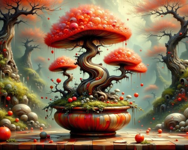 Whimsical Landscape with Oversized Mushroom Trees