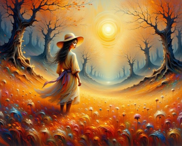 Young girl in vibrant autumn landscape with flowers