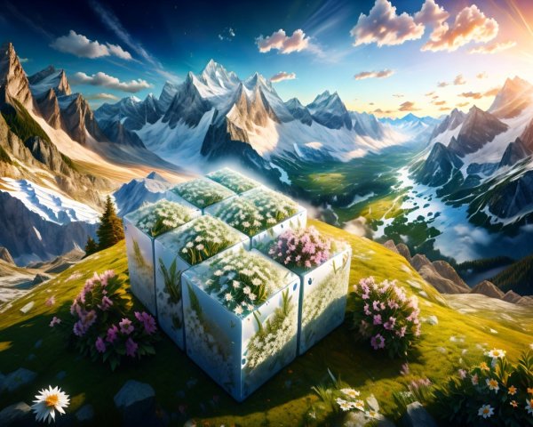 Serene Landscape with Mountains and Rubik's Cube Garden