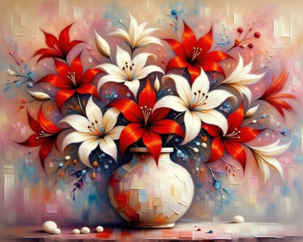 Vase with Vibrant Bouquet of Red and White Lilies