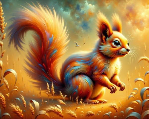 Whimsical Squirrel in Golden Fields Under Tranquil Sky