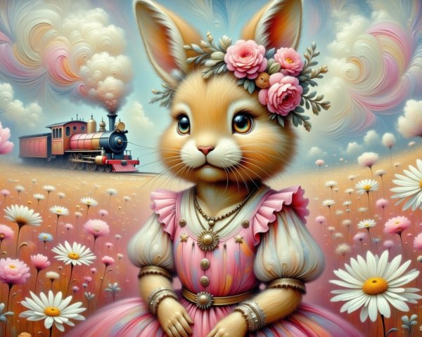 Anthropomorphic bunny in dress among daisies and train