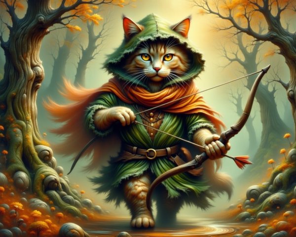 Heroic Cat in Cloak in Mystical Autumn Forest