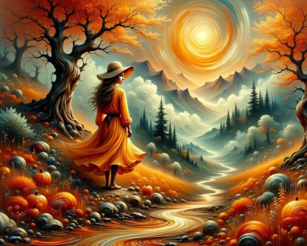 Serene Autumn Landscape with Young Woman by River
