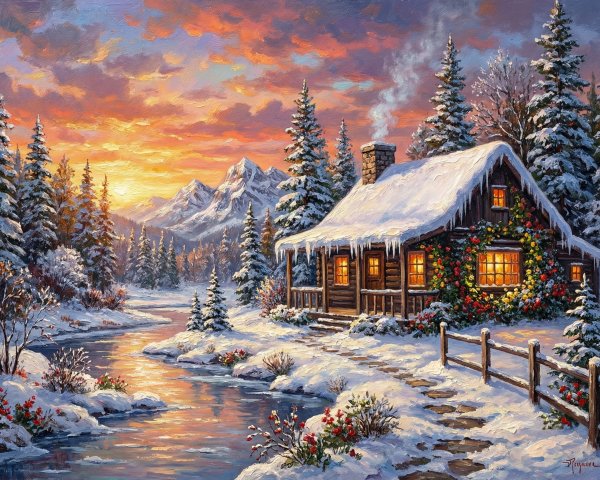 Cozy Log Cabin in Snowy Winter Landscape at Sunset