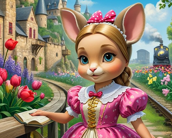 Anthropomorphic bunny girl in a flower path scene