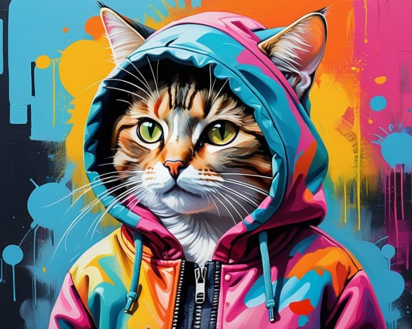Stylized Illustration of a Cat in a Colorful Hoodie