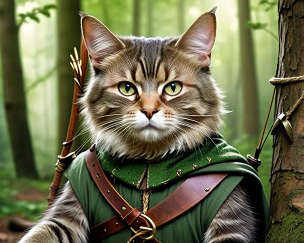 Feline in Elven Outfit in a Forest Setting
