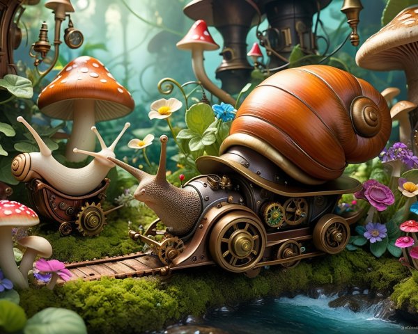 Large Snail on Steampunk Train in Enchanted Forest