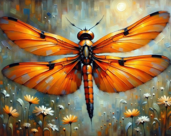 Orange Dragonfly Among Daisies in Sunlit Field