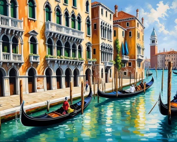 Vibrant Venetian Scene with Gondolas and Historic Buildings