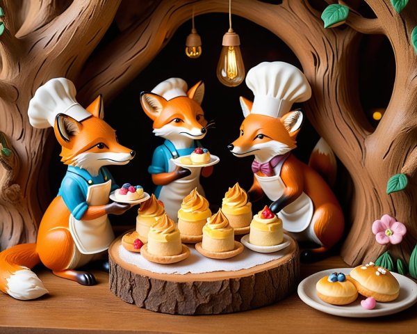 Charming Foxes in Chefs' Attire at Woodland Bakery