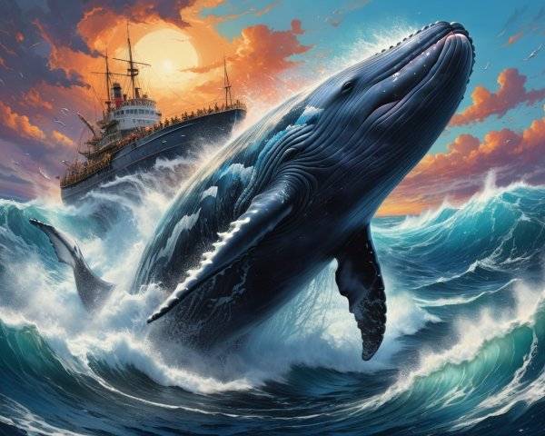 Whale Breaching at Sunset with Ship in Background