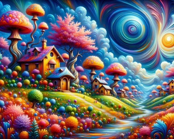 Vibrant Dreamlike Landscape with Whimsical Elements