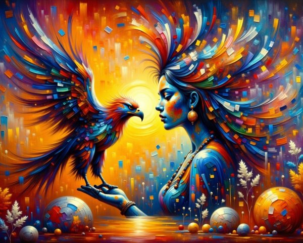 Surreal Scene of Woman with Phoenix and Vibrant Colors