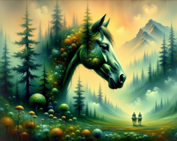 Surreal Landscape with Ethereal Horse's Head and Riders