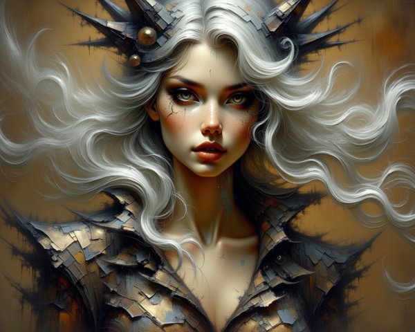 Portrait of a woman with gray hair and metallic attire