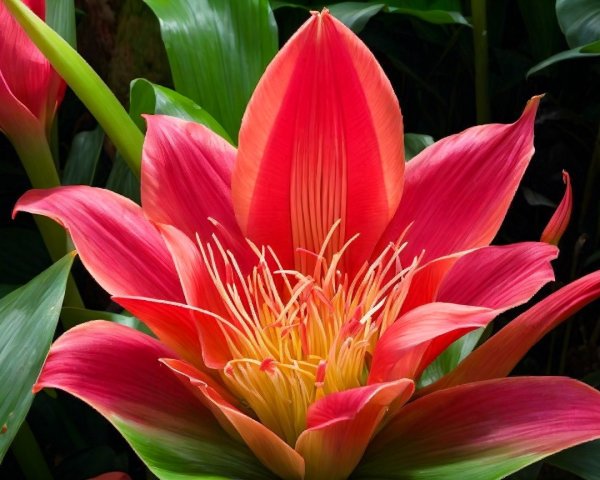 Vibrant Pink and Coral Flower with Yellow Stamens