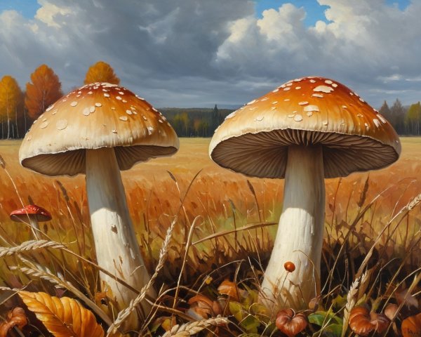 Serene Landscape with Prominent Orange Mushrooms