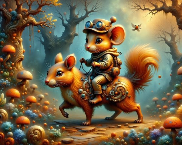 Mouse in Aviator Goggles Rides Fluffy Creature in Forest